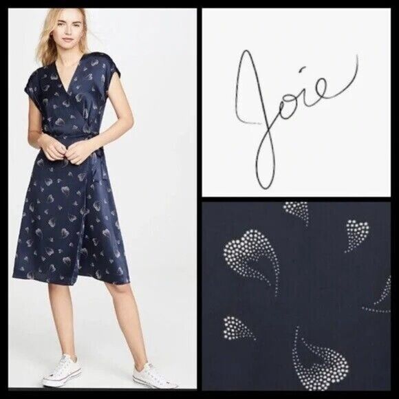 NWT Joie Bethwyn Heart Print Silk Wrap Dress Midnight Navy